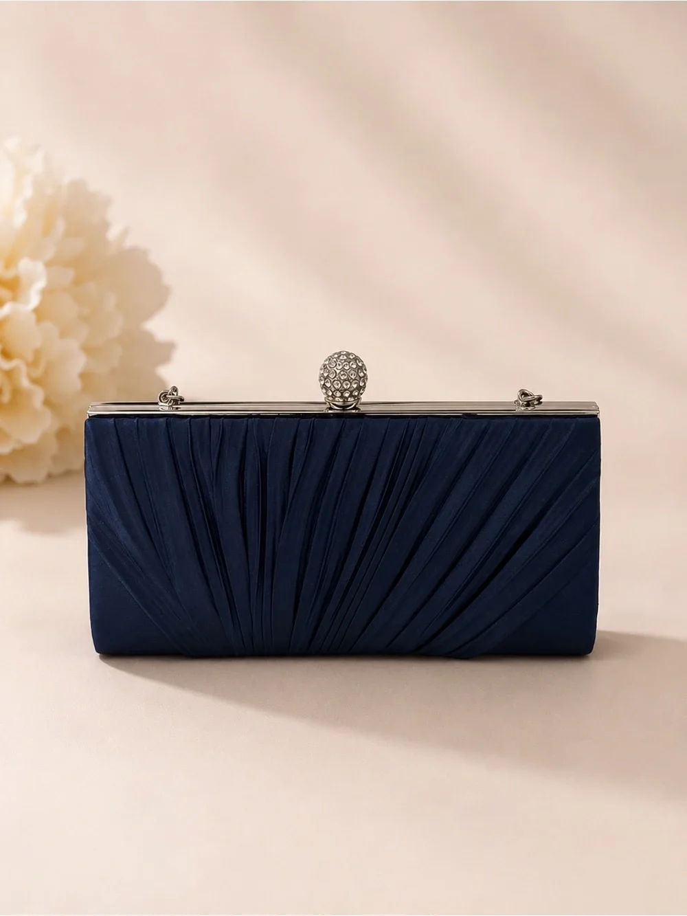 Kate Landry Navy Satin Pleated Evening Clutch with Silver Chain. 8